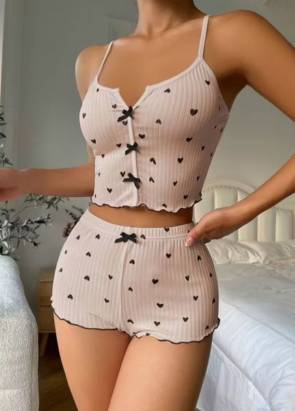 Женская пижама из майки-топа и шортиков Love and Hearts (1830-42-01) Пудровый S 1830-42-01 фото